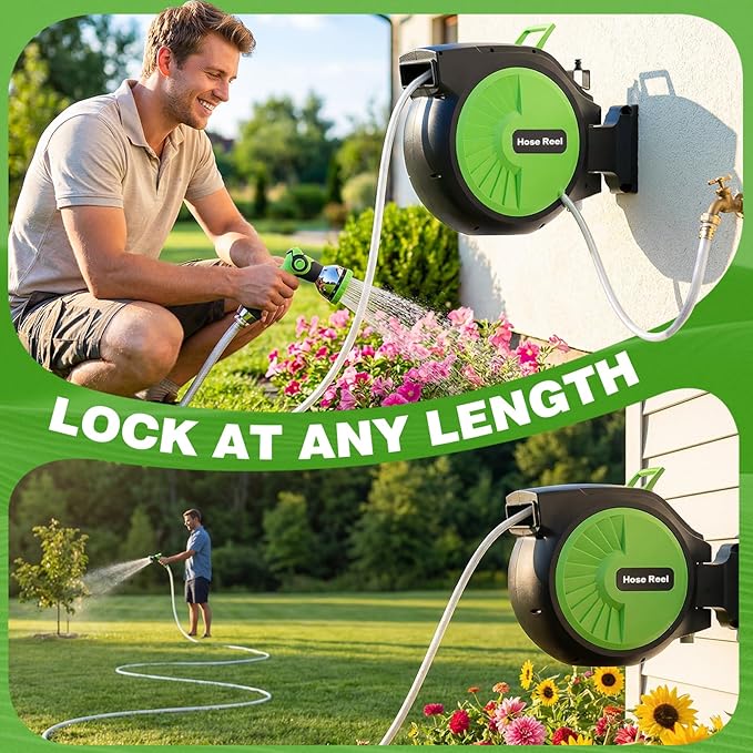 Retractable Garden Hose Reel 100FT x 5/8 in, Wall Mount Water Hose Reel for Outside with Auto Rewind, Tangle-Free Guide, 180° Swivel Bracket, Lock at Any Length, High-Pressure Flow, 10-Pattern Nozzle