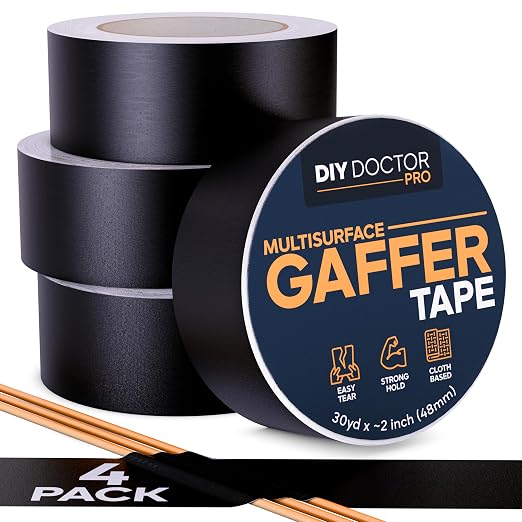 DIY Doctor Pro Professional Gaffer Tape ~2 Inch (48mm) Huge 30 Yards Black Matte Cloth Gaffers Tape for Stage, Floor & Cable Management – Strong Adhesive, No Residue, Non-Reflective - 4 Pack
