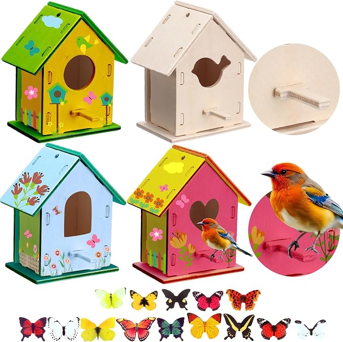 Outus 24 Pcs Wooden DIY Birdhouse Kits for Kids to Build, 4 Shapes Birdhouse Kit Wooden Unfinished with Butterfly Sticker for Boy Girl Arts Crafts(Lovely)