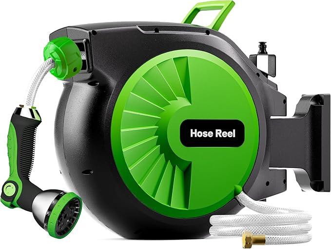 Retractable Garden Hose Reel 100FT x 5/8 in, Wall Mount Water Hose Reel for Outside with Auto Rewind, Tangle-Free Guide, 180° Swivel Bracket, Lock at Any Length, High-Pressure Flow, 10-Pattern Nozzle