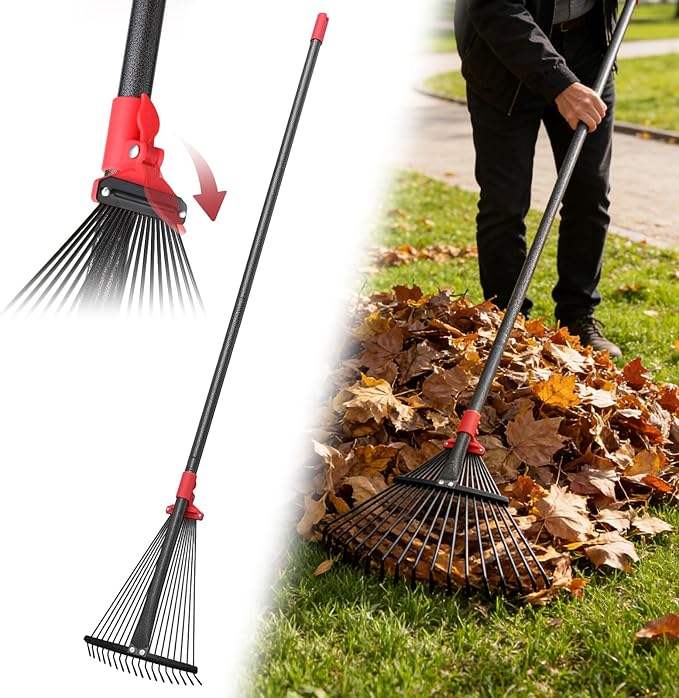 Garden Rake for Leaves: 55 Inch Adjustable Long Handle 18 Metal Tines with 8-17" Expandable Head Heavy Duty Metal Rake for Lawns Leaves Yard Grass Camping Debris