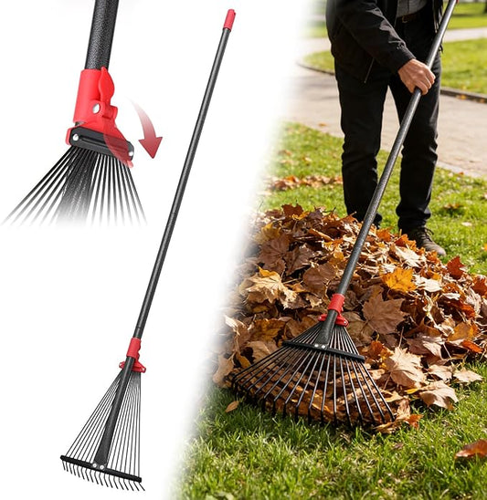 Garden Rake for Leaves: 55 Inch Adjustable Long Handle 18 Metal Tines with 8-17" Expandable Head Heavy Duty Metal Rake for Lawns Leaves Yard Grass Camping Debris
