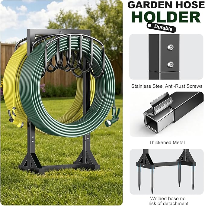 HeroicLion Garden Hose Holder Holds 2 x 151FT Hoses, Heavy-Duty Metal Freestanding Hose Stand Hanger with Stable Base, Rustproof Double Water Hose Holders for Outside Yard Lawn Farm, Black