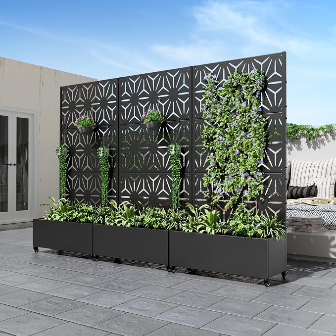 Casaphoria Metal Raised Garden Bed with Trellis and Wheels, 72"x35"x16" Planter Box for Climbing Plants, Vegetables & Vines, Features Drainage Holes and Privacy Screen (Black-Star)