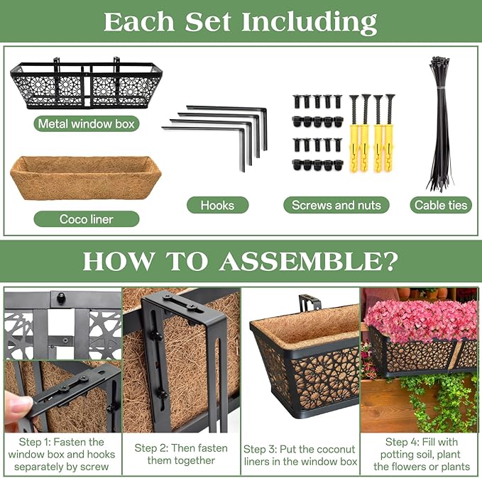 ZeeDix 3 Pack Metal Window Box for Railings, 24 Inch Over Railing Planter Boxes with Coco Liners, Hanging Flower Box Planters for Outdoor Fence Deck Porch Balcony & Patio