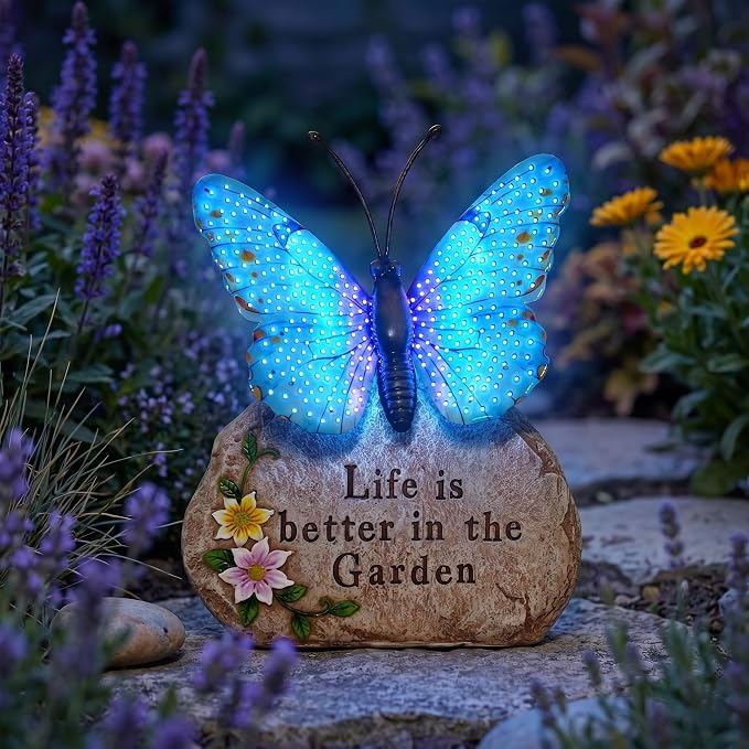 Solar LED Butterfly Garden Statue with Sparkling Light-Up Wings - Outdoor Yard Patio Decor Figurine, for Women Mom Grandma (Blue)