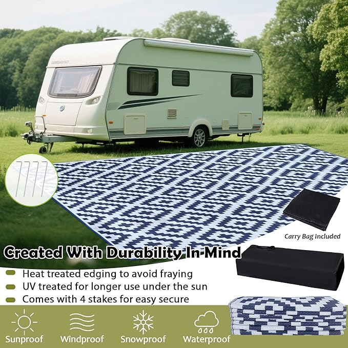 SAND MINE Reversible Mats, Plastic Straw Rug, Modern Area Rug, Large Floor Mat and Rug for Outdoors, RV, Patio, Backyard, Deck, Picnic, Beach, Trailer, Camping, Dark Blue & White, 10' x 14'