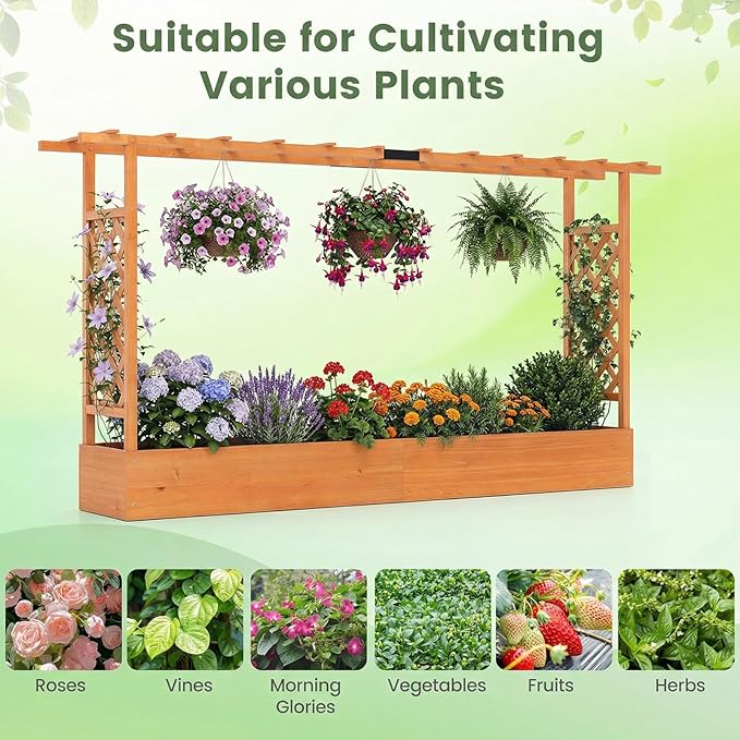 Giantex Wooden Raised Garden Bed with Trellis & Hanging Roof, 2 Pack Fir Wood Planter Box, 45” Freestanding Elevated Garden Bed for Outdoor Climbing Plants Vegetables Flowers, Patio & Balcony, Orange