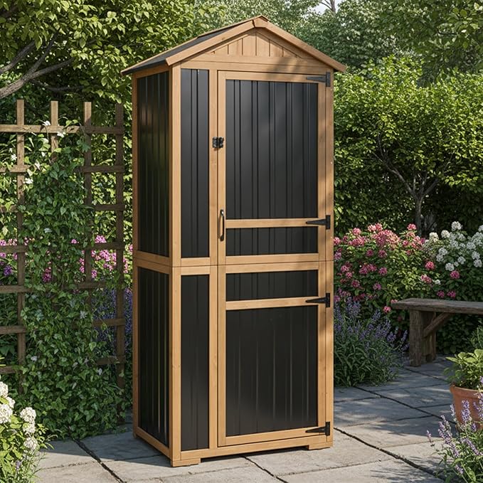 Outdoor Storage Cabinet with Lockable Doors, Wood & Metal Garden Shed, Weatherproof Patio Storage with Adjustable Shelf for Tools, Patio & Backyard Organizer