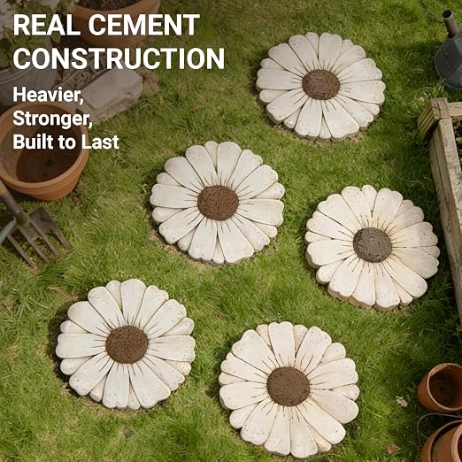 2 Pack Daisy Cement Stepping Stones 10 Inch, Heavy Duty Garden Pathway Stones, Non Slip Outdoor Walkway Decor for Yard Patio Lawn, Weather Resistant Cement Stepping Stones (White)