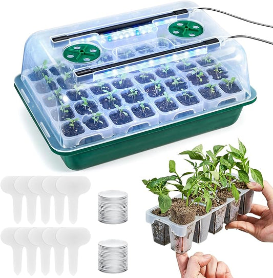 HIRALIY 40 Cell Seed Starter Tray Kits with Grow Light, Reusable Plant Germination Trays, Easy Transplanting, with Domes and Bases, for Starting Vegetable, Flower, Herb, Indoor Gardening, Greenhouse