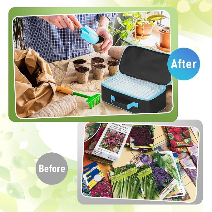 15 Slots Seed Storage Organizer Box with 20 Seed Envelopes, Large Capacity Seeds Storage Container with Zipper Bag Label Stickers, Seeds Saving Container for Garden Vegetable and Flower (Blue)