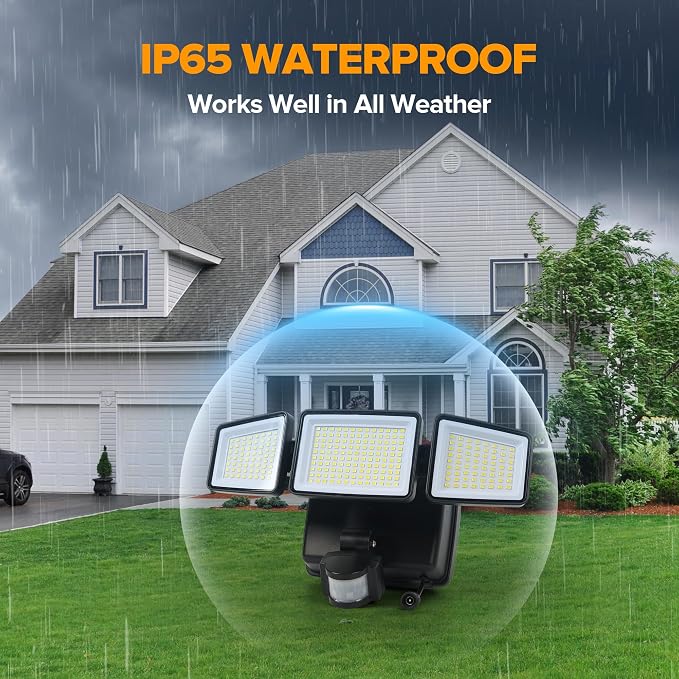 UME Hybrid Solar and Battery Powered Motion Sensor Outdoor Lights, 302 LED 1800LM, IP65 Waterproof, 3-Head Motion Activated LED Flood Light, Energy Efficient Hybrid Security Lights for Garden -2 Pack