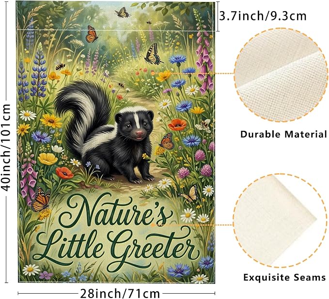 Skunk House Flag, Nature Fanciful Butterfly Flowers Spring Green Burlap Double Sided Front Porch Decorative Flags for Outdoor Yard Lawn Patio Doorway Entrance 28x40 Inch