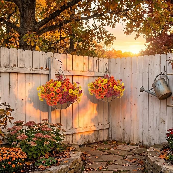 Hananona 2 Set Artificial Outdoor Fall Flowers with Hanging Basket, 2 Hanging Planters with 24 Pcs Flowers for Autumn Front Porch Garden Patio Home Decor (2, Orange,Yellow,Burgundy)