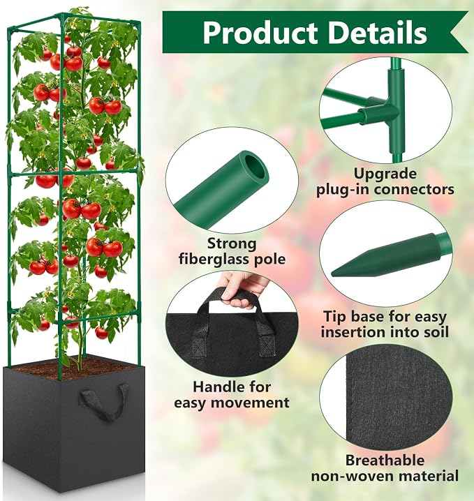2 Pack Tomato Cages for Garden, 49 Inch Tall Tomato Cage with 7 Gallon Planter Bags, Plant Support Trellis Frames for Garden Cucumber Vegetables Plants Climbing Outdoor Indoor