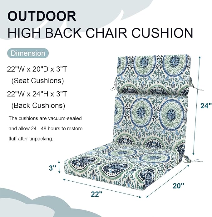 DYTXIII Outdoor High Back Chair Cushions Set of 2, 44"x22" Water Repellent Patio Seat Cushions with Elastic Sponge, All Weather Chair Pads for Rocking, Dining Chairs, Patio Furniture - Wreath Blue