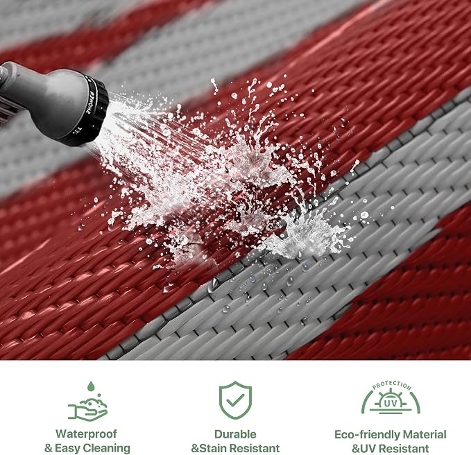 GENIMO Outdoor Rug Waterproof 8'x10' for Patio, Foldable Reversible Plastic Straw Carpet for Travel Trailers, Outside Area Mat for Rv, Deck, Picnic, Porch, Balcony, Beach, Red & Grey