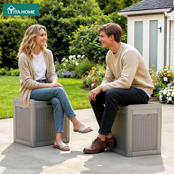 YITAHOME 32 Gallon Outdoor Storage Box, 2-Pack Water Resistant Resin Deck Box, Indoor Outdoor Lockable Storage Container for Patio, Garden, Cushions, Tools, Equipment (Brown)