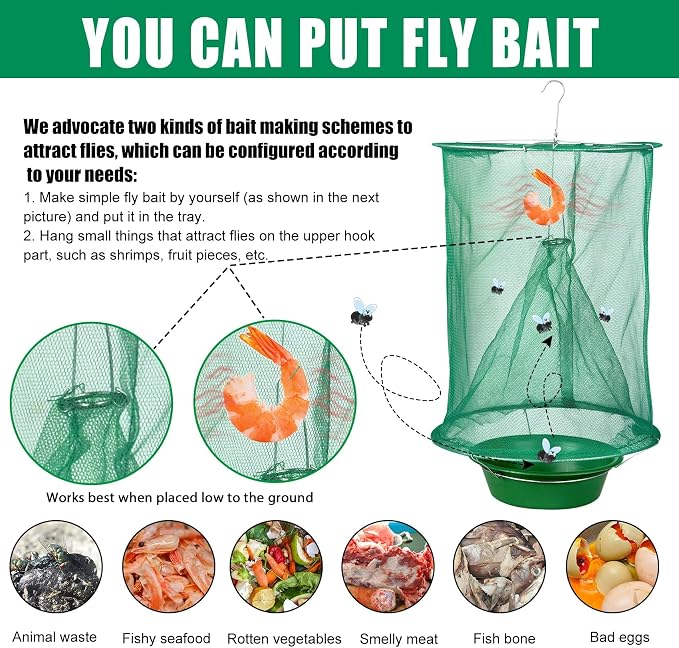 8 Pack Ranch Fly Traps Outdoor Hanging, Reusable Stable Fly Hunter Catcher Cage with Food Bait Tray, Flies Control Killer Repellent for Barn, Orchard, Farm, Horse, Patio