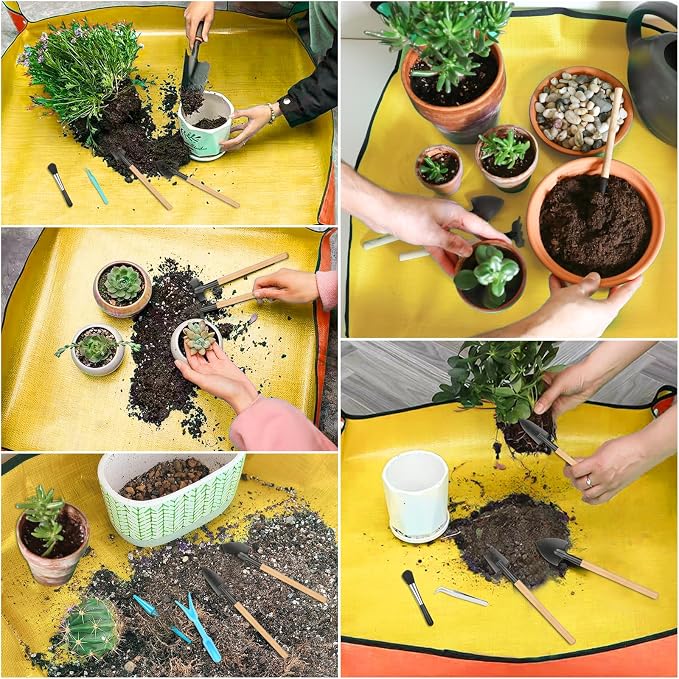2Pcs Repotting Mat for Plant Transplanting, 39'' Gardening Mat and 26'' Orange Potting Mat for Indoor, Thicker Potting Tray with Plant Accessories Foldable Waterproof Planting Mat for Plant Lovers