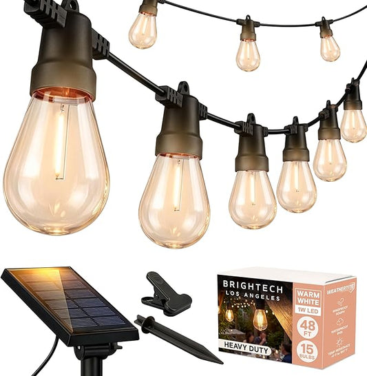 Brightech Ambience Pro Solar Powered Outdoor String Lights - Commercial Grade Patio Lights with 48 Ft Edison Bulbs - Shatterproof LED Solar Lights for - 1W LED, Warm White Light