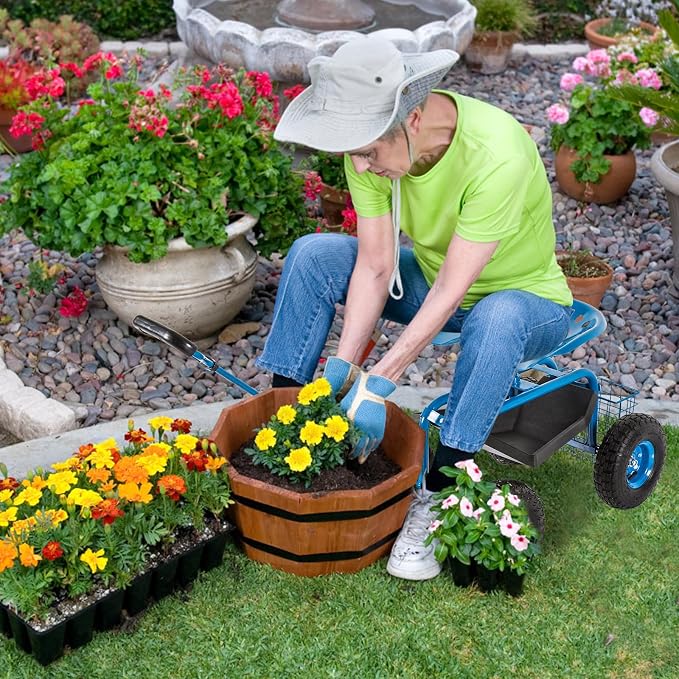 kinbor Garden Cart Rolling Work Seat with Tool Tray Outdoor Utility Lawn Patio Yard Wagon Scooter for Planting with Adjustable Handle 360 Degree Swivel Seat, Blue