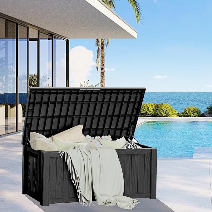 Outdoor Storage Box, 150 Gallon Resin Deck Box Waterproof for Patio Furniture, Garden Tools and Pool Accessories, Lockable UV-Resistant Storage Bin Bench Cabinet for Outside, Black