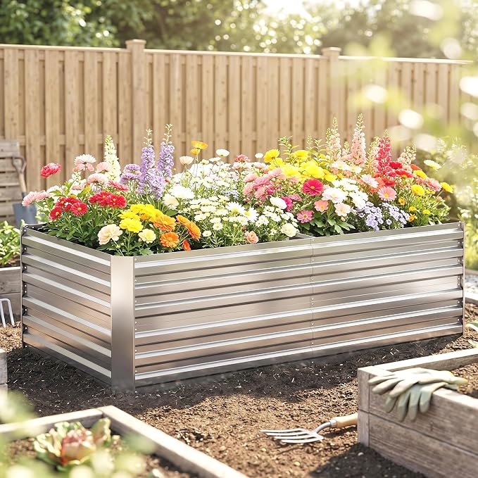 Outsunny Galvanized Raised Garden Bed Kit with Reinforcing Bars, Large and Tall Metal Planter Box for Vegetables, Flowers and Herbs, 6' x 3' x 2', Silver