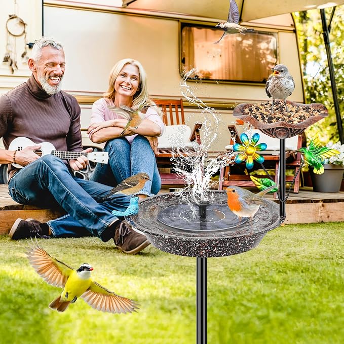 Metal Bird Bath for Outside, Birdbath Bowl Standing Bird Feeders for Outdoors with 5 Prongs Base Stake, Freestanding Birdfeeders for Garden Yard Lawn Decor (Brown 2-in-1 Bird)