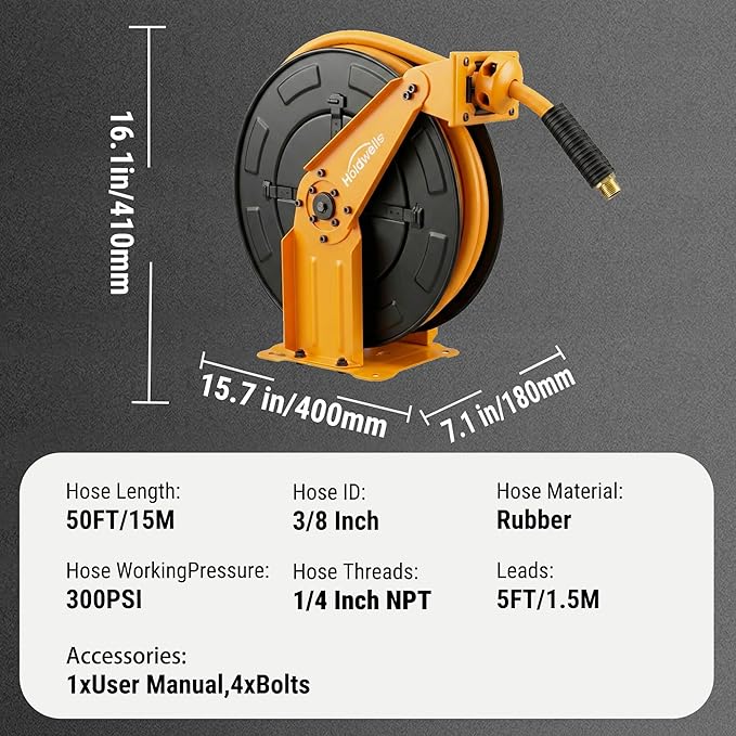 Retractable Air Hose Reel, 3/8" x 50FT EPDM Rubber Air Hose, 300PSI Max, Auto-Rewind & Length-Lock, 1/4" NPT Fitting, Ceiling/Wall Mount Heavy Duty Dual Arm Steel Reel for Workshop/Garage