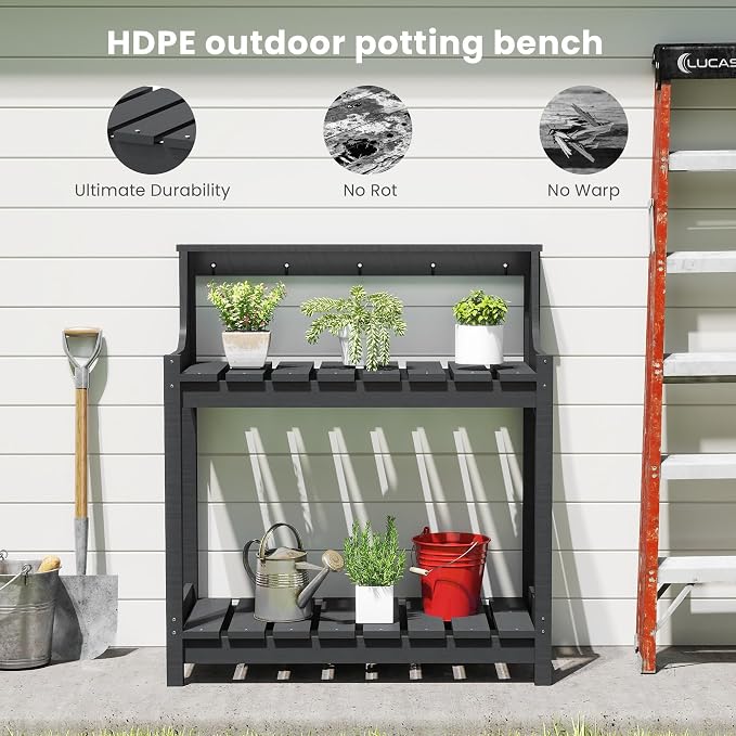 Garden Potting Bench for Outside, HDPE Outdoor Potting Table with Storage Shelves & Tool Hooks, All Weather Planting Workstation for Patio Backyard Garden (Gray)