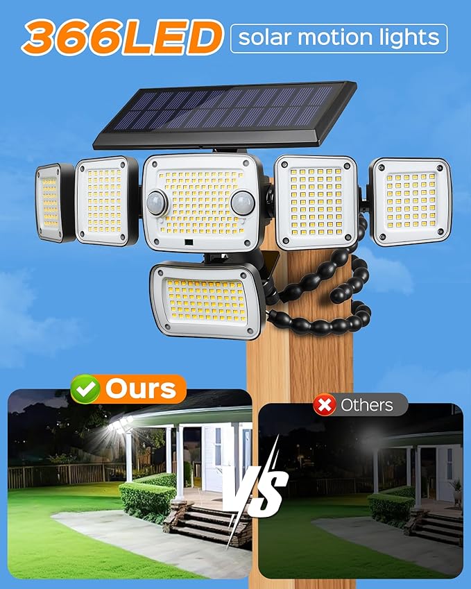 Motion Sensor Outdoor Lights with Flexible Octopus Tripod , 6000LM 336LED Security Flood Lights with Remote Control, 360°Wide Angle, 6 Heads Solar Lights Outdoor Waterproof for Yard Patio Garage