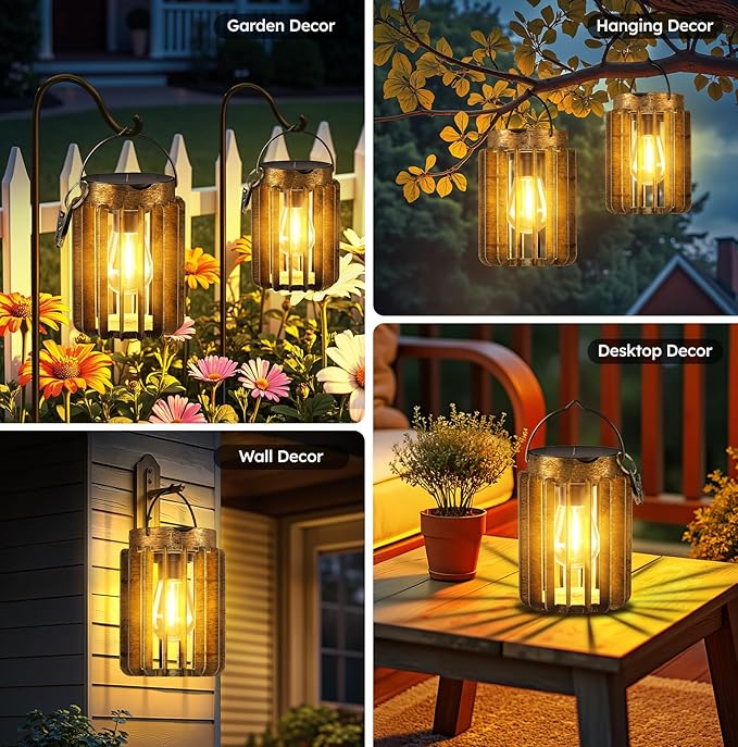 Ahaorigin Solar Lanterns Outdoor Waterproof, Brighter Up to 12 Hrs Outdoor Hanging Solar Lights, Outside Hanging Lanterns for Garden Porch Patio Yard Decor, Gifts for Women Mom Father 2 Pack