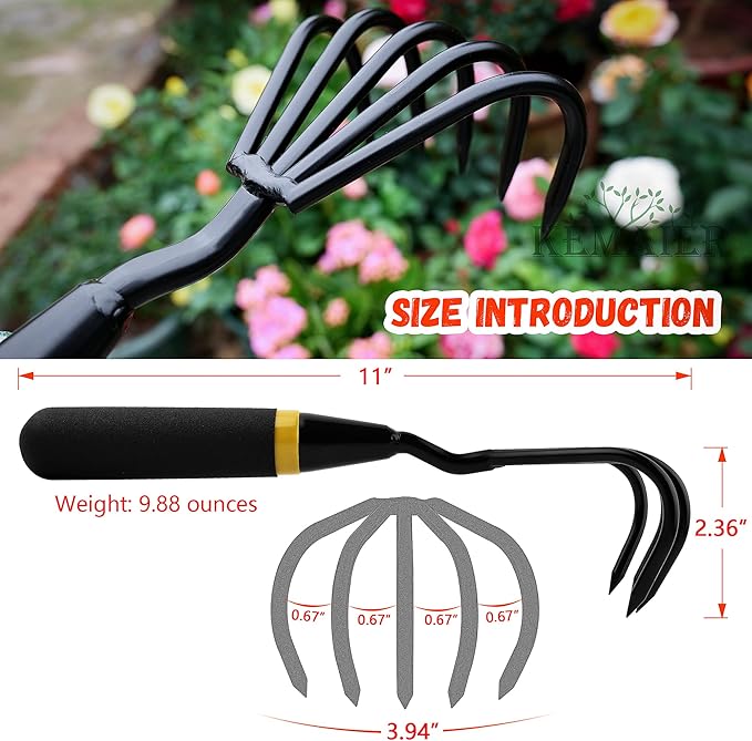 Kemaier Hand Rake and Weeder Cultivator – 5-Claw Heavy Duty Stainless Steel Garden Tool for Small Gardens, Soil Loosening and Weeding – Ergonomic Handle, Durable Hand Tools for Easy Gardening