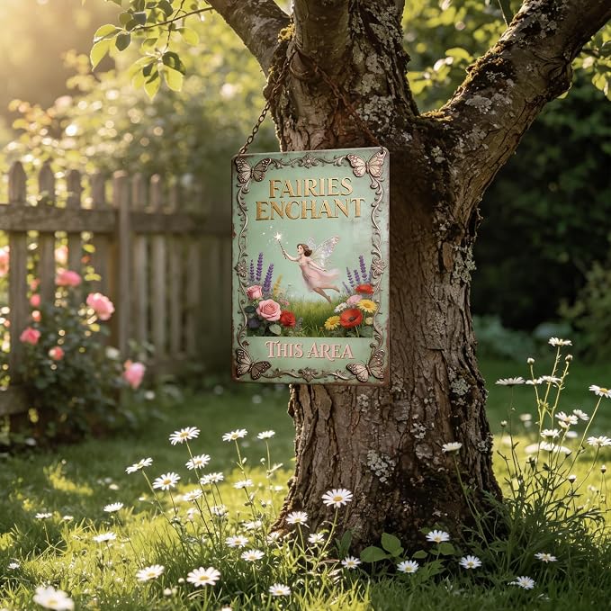 2D Flat Funny Garden Signs, Fairies Enchant This Area Vintage Garden Decor, Outdoor Wall Decor for Patio Yard Greenhouse Home, Waterproof Garden Gifts 8x12 Inch
