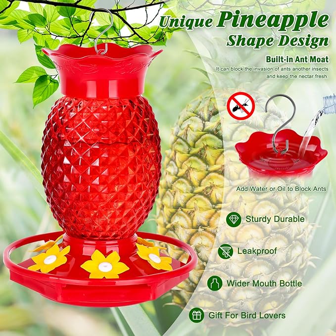 Fchstaer Glass Hummingbird Feeders for Outdoors Hanging 16oz 1 Pack Red Pineapple Bee & Ant Proof 360°Perch Leakproof Easy Clean with 6 Feeding Ports Gifts for Mom