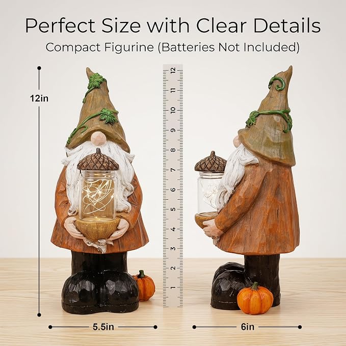 Topadorn Lighted Fall Gnome with Acorn Jar LED Figurine – Resin Harvest Gnome Statue, Thanksgiving Autumn Table Decor for Home, Patio & Tiered Tray