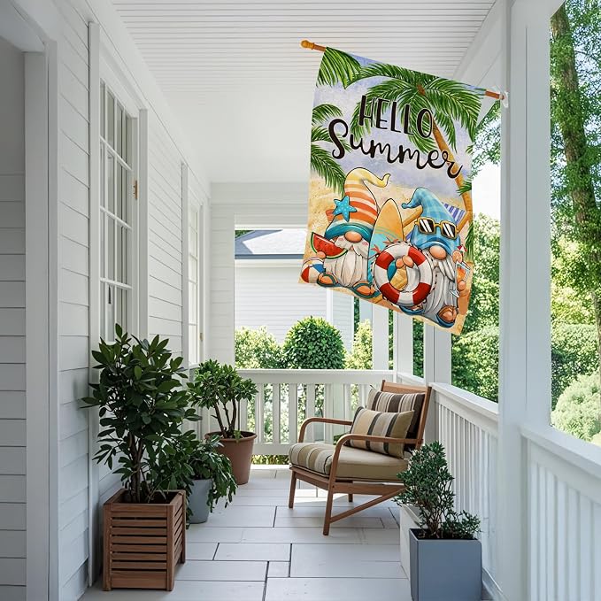 Hello Summer House Flags for Outdoor Decoration, Cartoon Gnomes at The Beach Large Yard Flag, Seasonal Decorative Celebration Decor for Spring Farmhouse Holiday Outside 28x40 Inch Vertical Double Sided