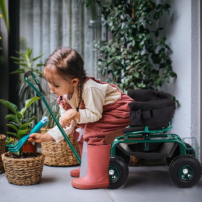 VINGLI Rolling Garden Stool with Seat and Extendable Handle, Gardeners Tool Seat with Wheels and Extra Storage, Gifts for People with Bad Knees (Green)