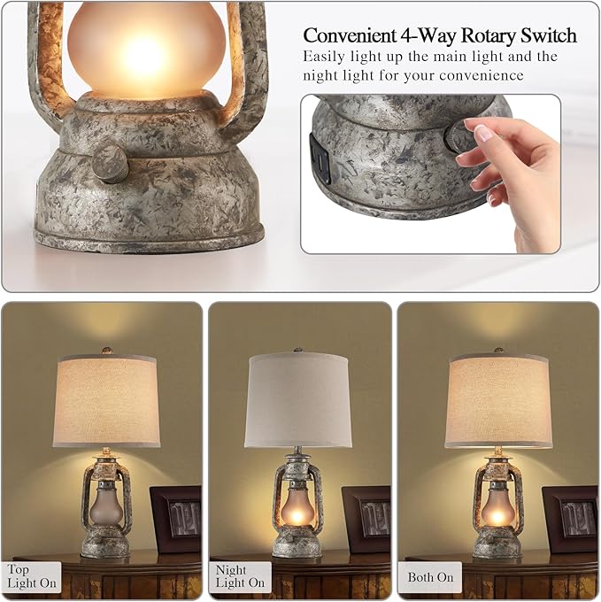 Farmhouse Rustic Table Lamps Set of 2, Iron Gray | Vintage Lantern Design, Dual USB Ports, For Living Room Bedroom Bedside, 4 Bulbs Included