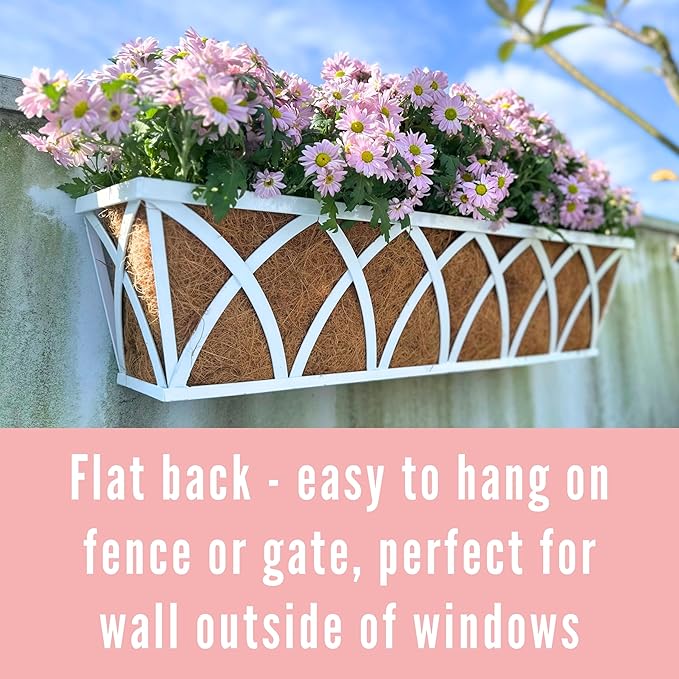 LaLaGreen Deck Railing Planter Outdoor (2 Pack, 30") Rectangular Window Flower Box with Coco Liner, White Metal Wall Hanging Planters Plant Holder Mounted Horse Troughs Rail Fence Patio Garden Decor