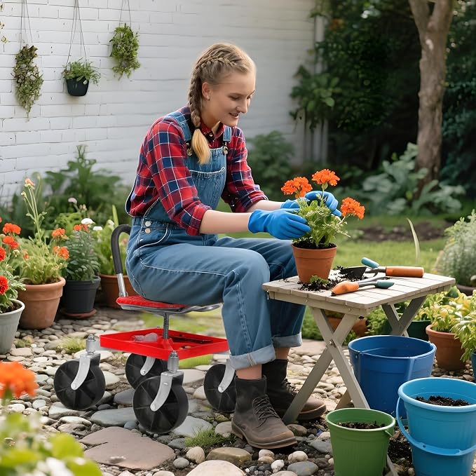 Rolling Garden Seat, 360° Swivel Workseat & Tool Tray, Rolling Garden Cart with Seat, Height Adjustable Gardening Stool Gardening Chair for Seniors Red
