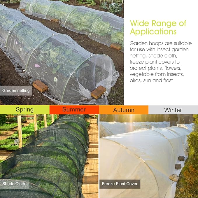 RIFNY 48 PCS Garden Hoops for Raised Beds, Greenhouse Hoops Kit Long Grow Tunnel for Row Cover, Rust-Free Fiberglass Garden Support Poles for Insect Mesh Netting Freeze Plant Cover (Green)