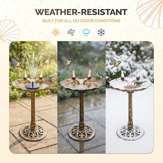 VINGLI Pedestal Bird Bath, Copper Resin Birdbaths Weather Resistant Floral Accents and Vintage Finish Garden Decor for Outdoor Lightweight Courtyard (Copper-Shell-Shaped with Solar Pump)