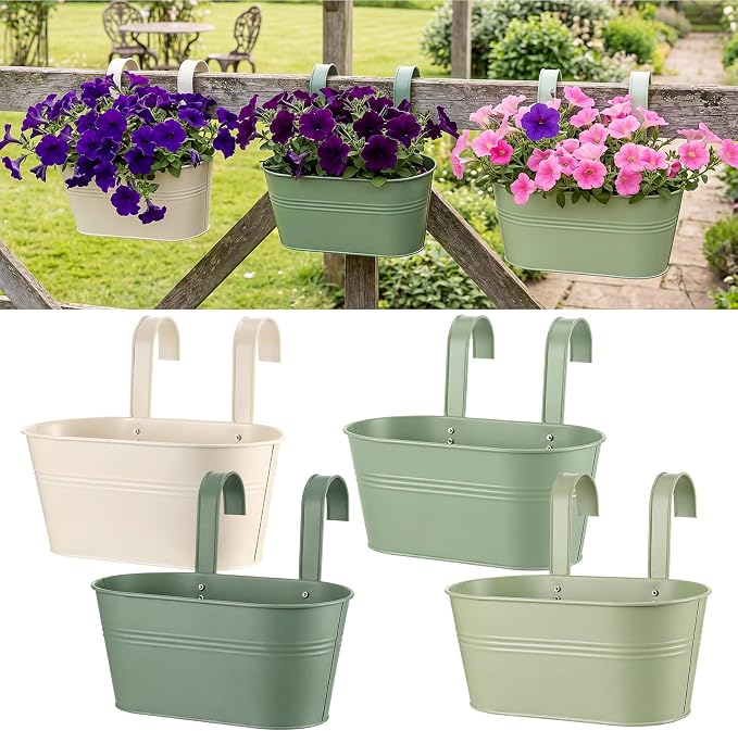 Hicarer Metal Hanging Flower Pots for Railing Fence, Large Hanging Rail Planters for Outdoor Window Balcony Plants Holder with Hooks for Garden Yard Home Decor(White,Green,4 Pcs)