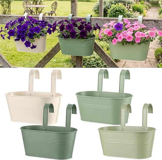 Hicarer Metal Hanging Flower Pots for Railing Fence, Large Hanging Rail Planters for Outdoor Window Balcony Plants Holder with Hooks for Garden Yard Home Decor(White,Green,4 Pcs)