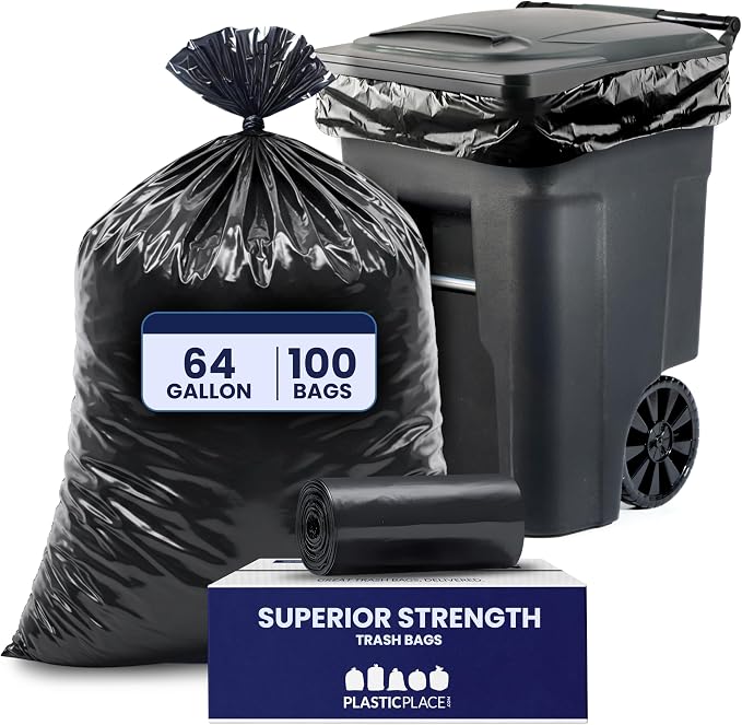 Plasticplace 64-65 Gallon Trash Can Liners for Toter │ 1.2 Mil │ Black Heavy Duty Garbage Bags │ Rolls │ 50” x 60” (100 Count)