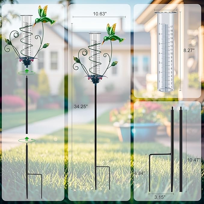 Hummingbird Rain Gauge Outdoor, Metal Rain Gauge with Stake 8 Inch Rain Measure Gauge for Garden, Lawn, Fence, Patio