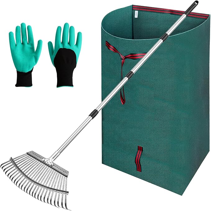 72 Gallon Leaf Rake Set with Dustpan-Type Bag - Heavy Duty Garden Rake for Leaves, 18" Wide 25 Tines Adjustable Handle, Protective Gloves for Lawn, Yard & Garden Cleanup